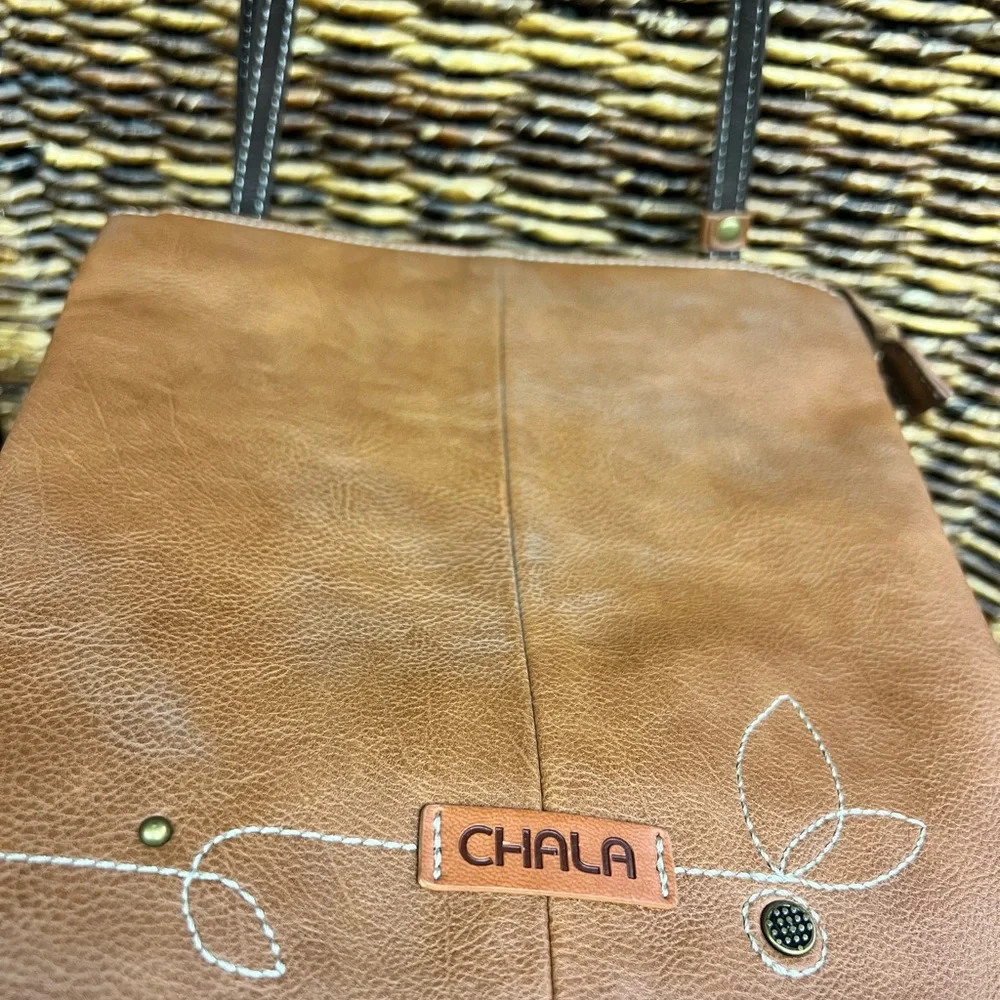 Chala-Brown Crossbody Bag with Floral Embroidery, 9”x10”, Clean inside,back fade - Picture 10 of 10